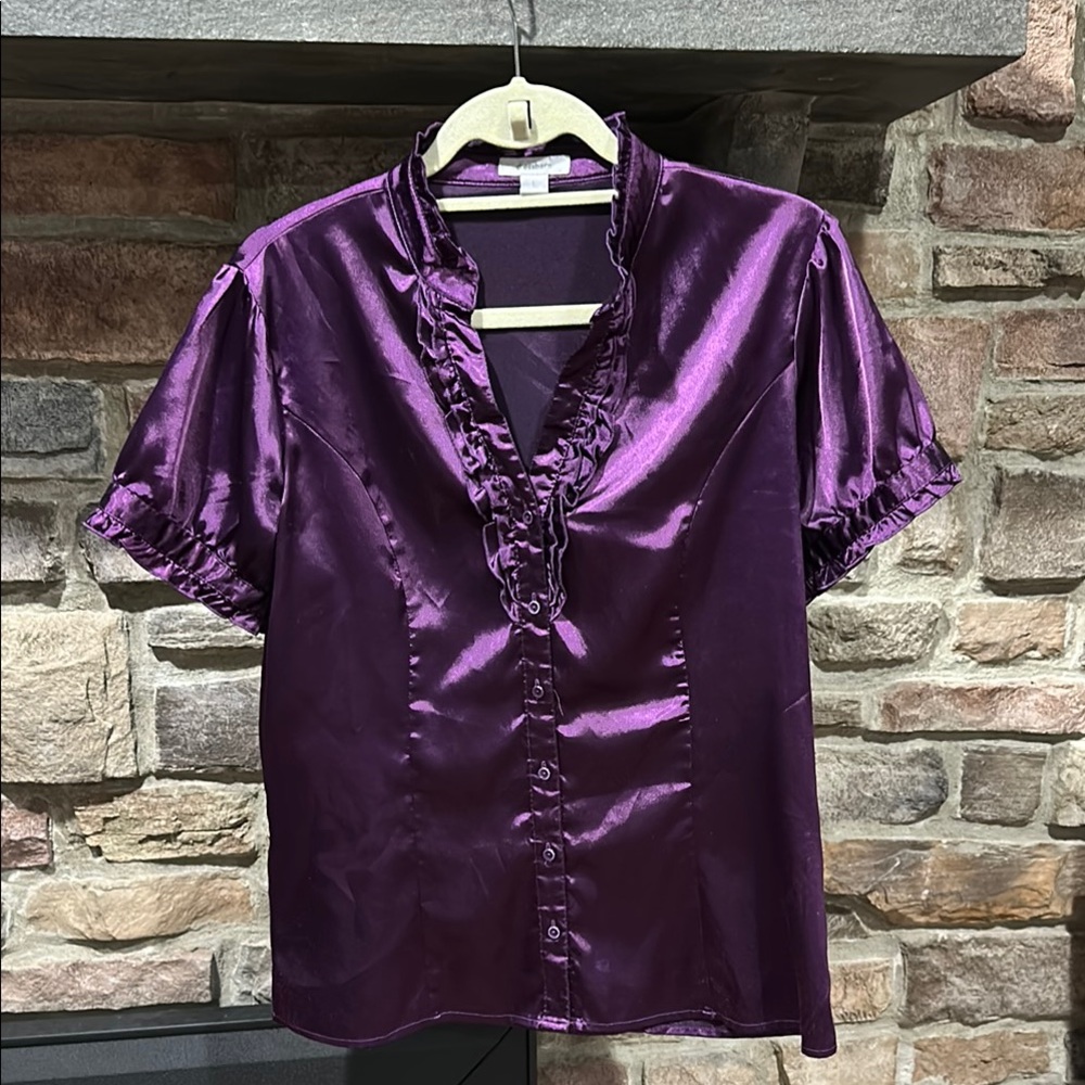 Dressbarn Purple Flutter Sleeve Blouse with Ruffled Mandarin Collar